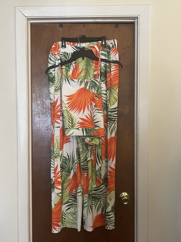 Tropical Print Wide-Leg Pants - Orange & Green
