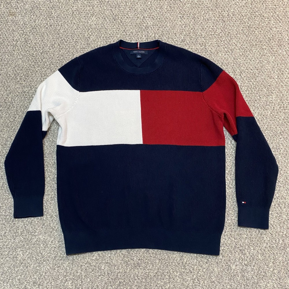 Tommy Hilfiger Men's XL Color Block Knit Sweater Red White And Blue Cotton