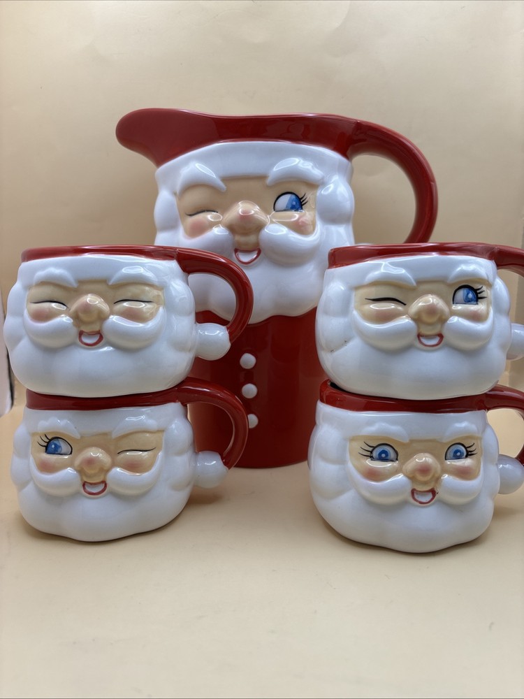 Retro Santa Pitcher with 4 Matching Mugs for Festive Entertaining