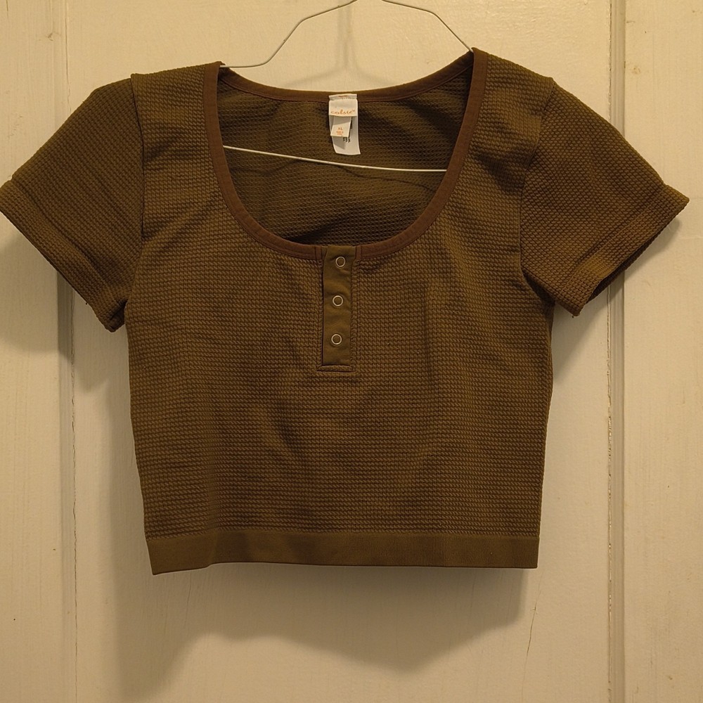 Colsie Knit Top Brown Scoop Neck Button Front Cropped Short Sleeve Women XL
