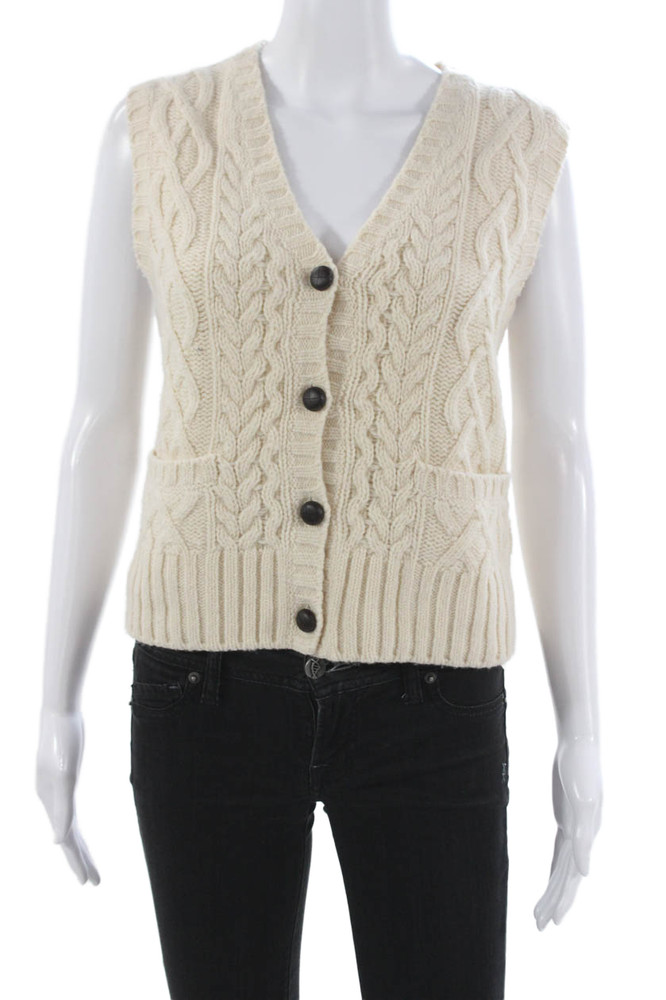 Re/Done Womens Ivory Wool Leather Trim Basic Vest V Neck Button Size SFree Shipping in US $100+ Orders | $6.95 Orders Below