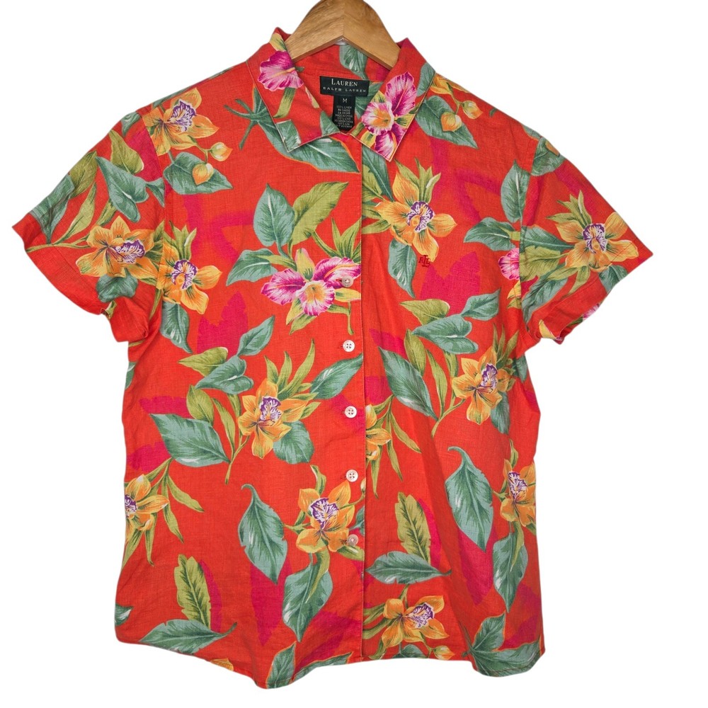 Ralph Lauren LRL Womens Floral Print Linen Short Sleeve Button Up Shirt Medium