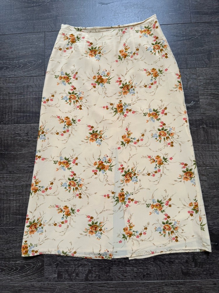 Jennifer Moore Women’s Beige Silk Floral Lined Slit Skirt  Sz 10