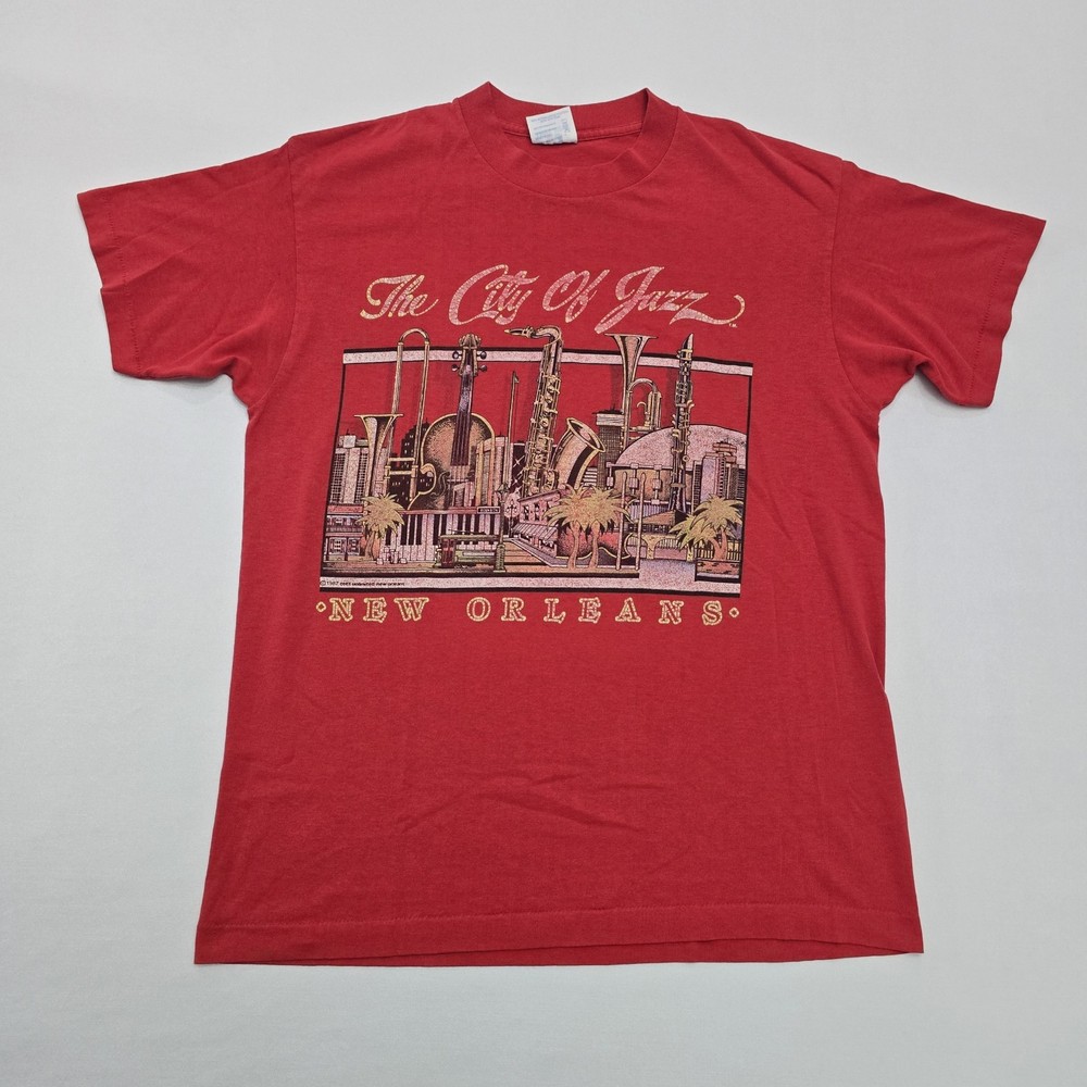 The City of Jazz New Orleans Single Stitch Red T-Shirt Vintage USA 1987 Men Sz L