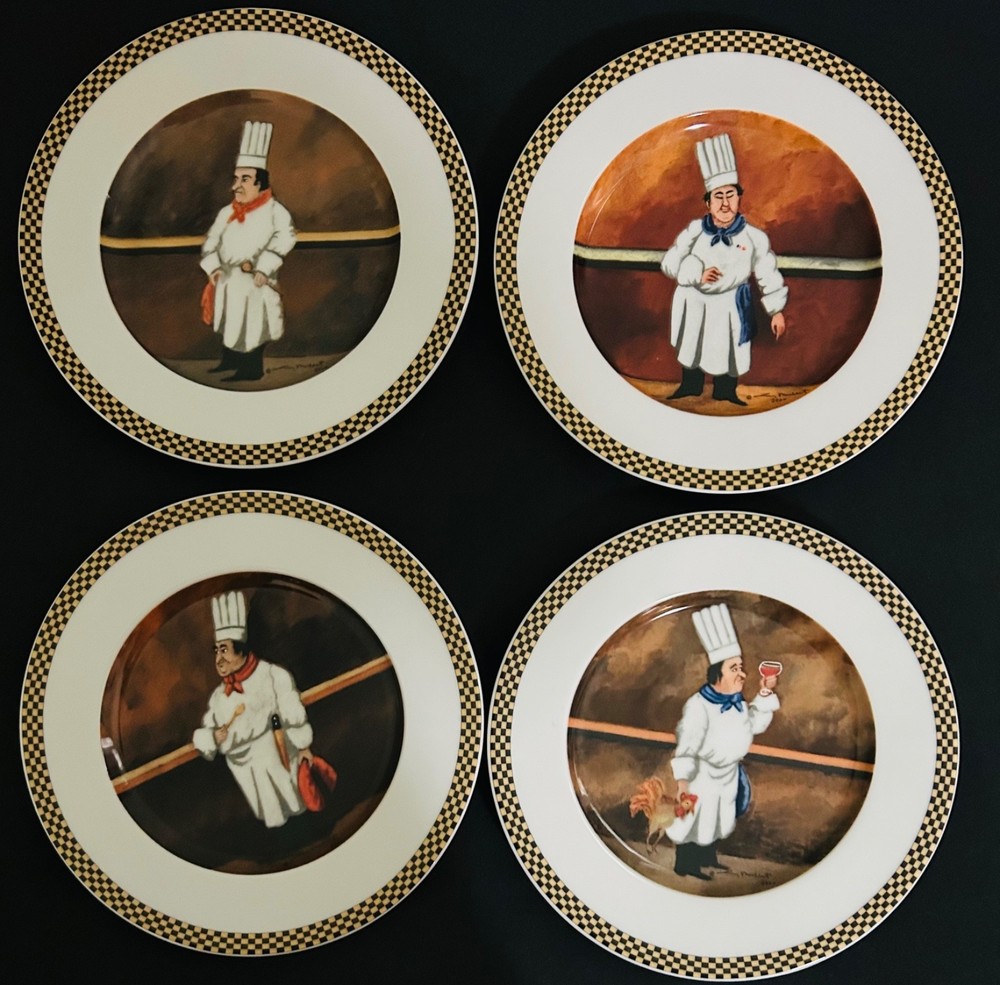 4 GUY BUFFET Williams Sonoma Chef Suite Black & Gold Rim, Salad/Dessert Plates