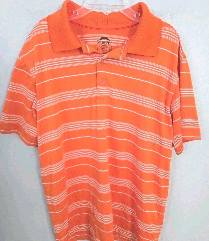 Slazenger Youth Golf Polo Shirt Orange Striped Short Sleeve Boys Medium...