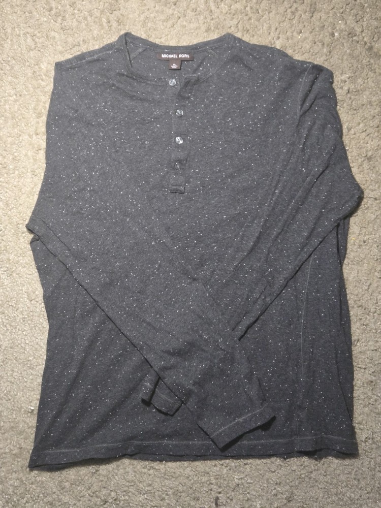 Michael Kors Gray Speckled Knit Henley T-Shirt XL Cotton Long Sleeve Men