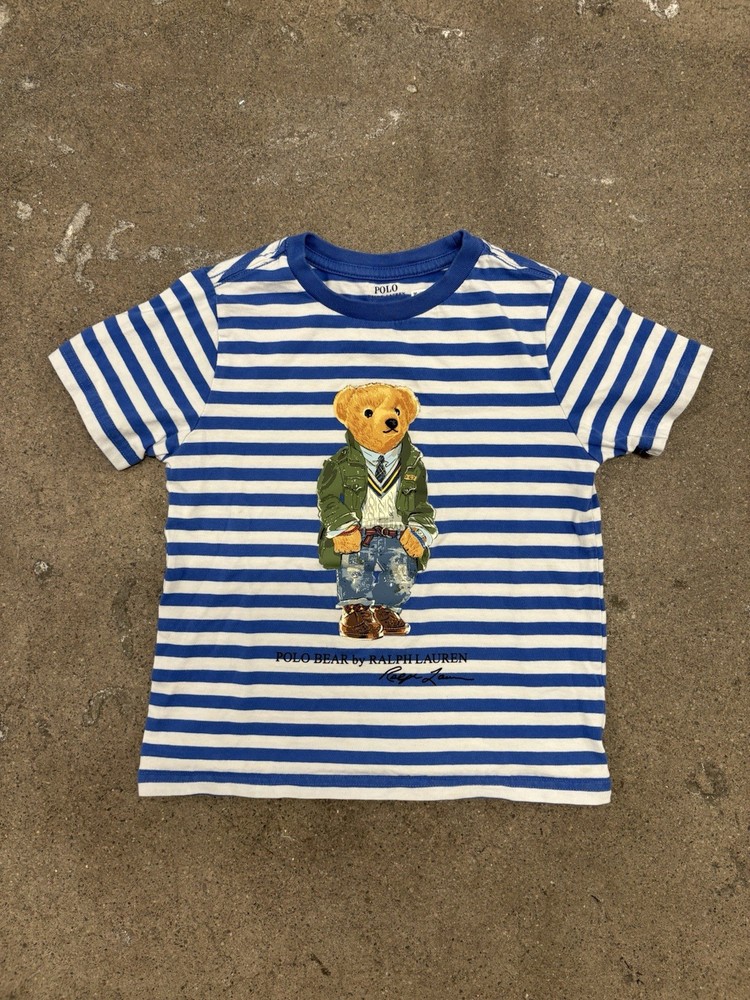 Authenticated Ralph Lauren Polo Bear Tshirt Youth Boys SZ 5 White Blue Stripe