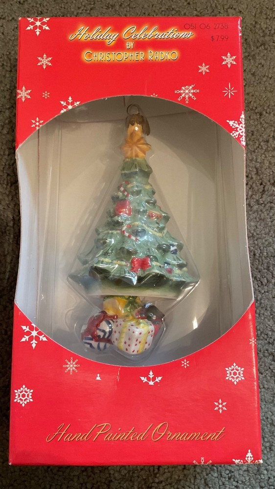 Christopher Radko Holiday Celebrations Glass Ornament Tree w/Dangling Presents
