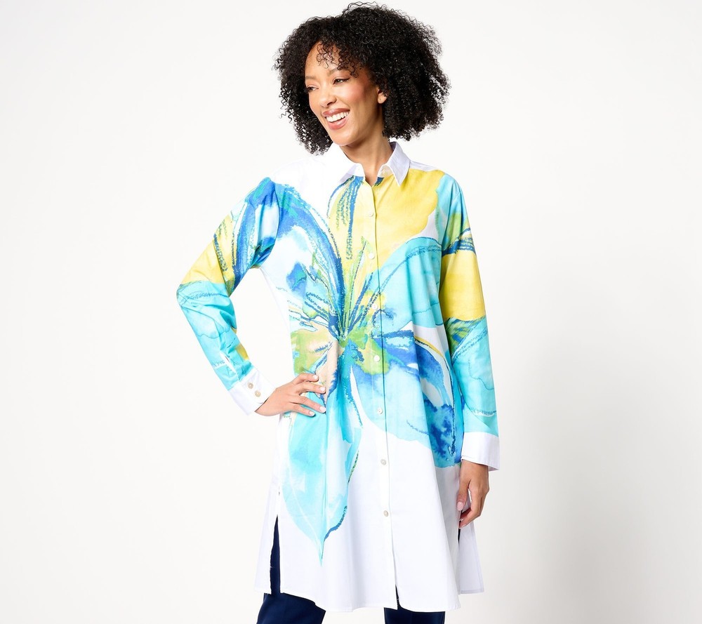 Susan Graver Women's Top Sz XL Printed Poplin Button Front Duster Blue A684081
