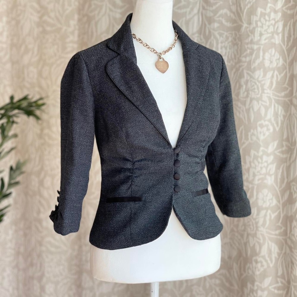 NWOT CR Signature Office Siren Y2K Gray Blazer 3/4 Sleeve Ruched Front Size S