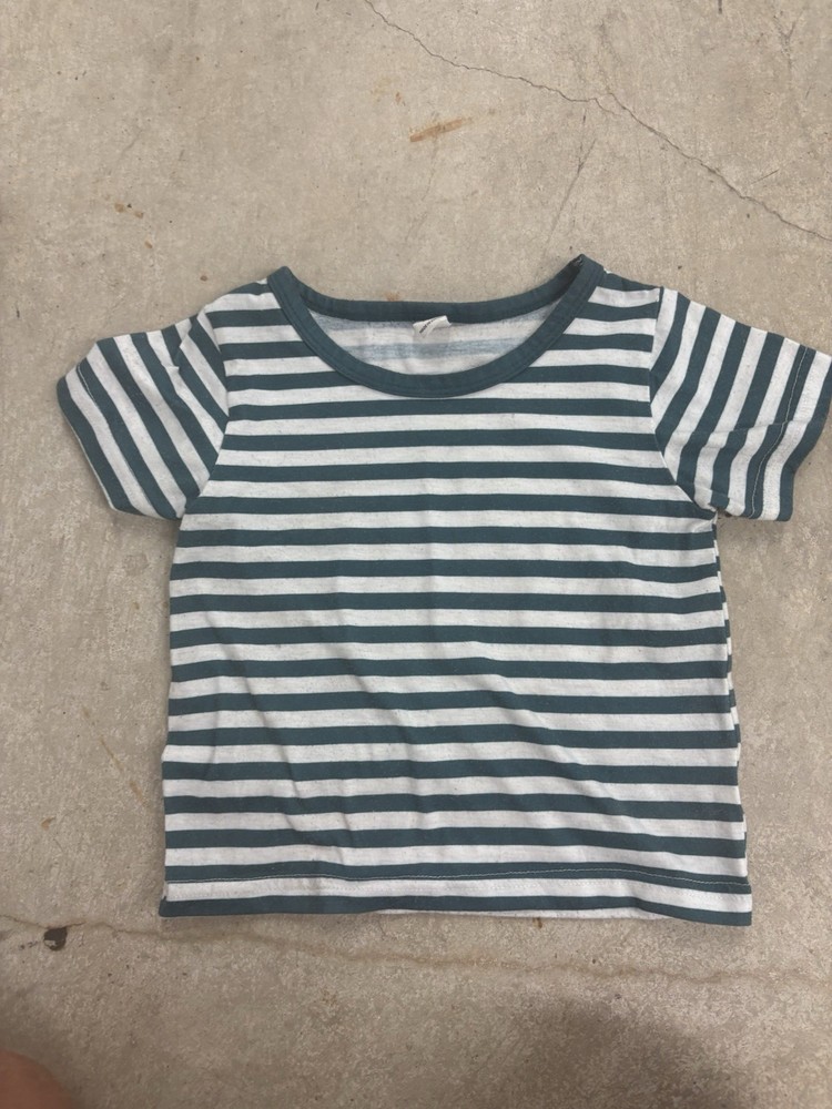 SHEIN Striped Short Sleeve Crew Neck Knit T-Shirt White Green 2-3Y Unisex