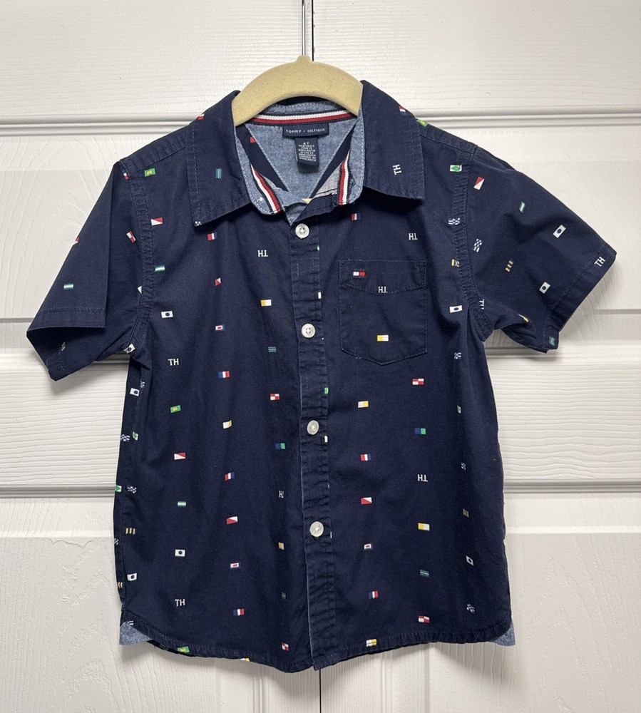 Tommy Hilfiger Button Up Shirt Toddler 4T  Flags Dress Navy Blue Boy