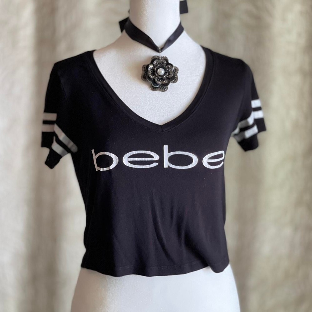 Bebe Oversized Cropped Black Logo T-Shirt Sporty Y2K Grunge Striped Sleeves Sz S
