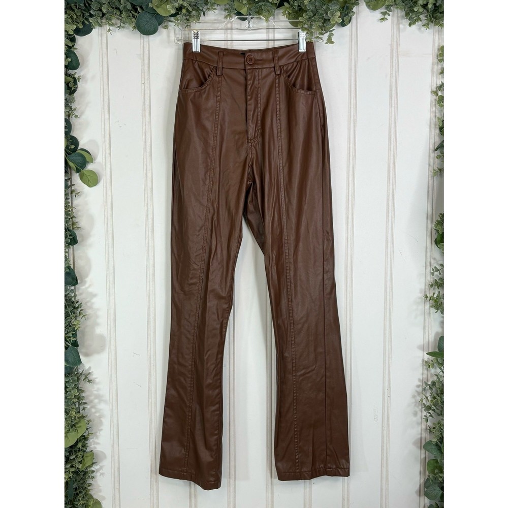 PLT Women's Brown Faux Leather High-Rise Retro Pants Size 0