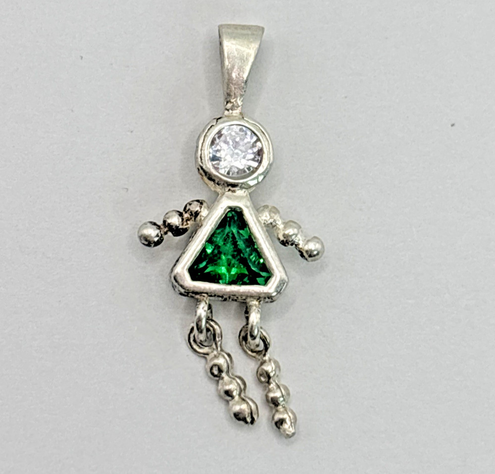 Vintage .925 Sterling Silver Necklace Pendant Girl Charm with Green Birthstone
