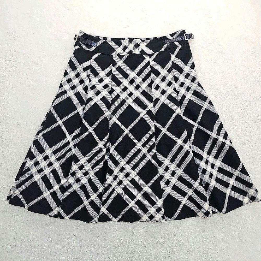 Burberry London Wool Plaid Pleated Skirt Leather Belt Black White Size L