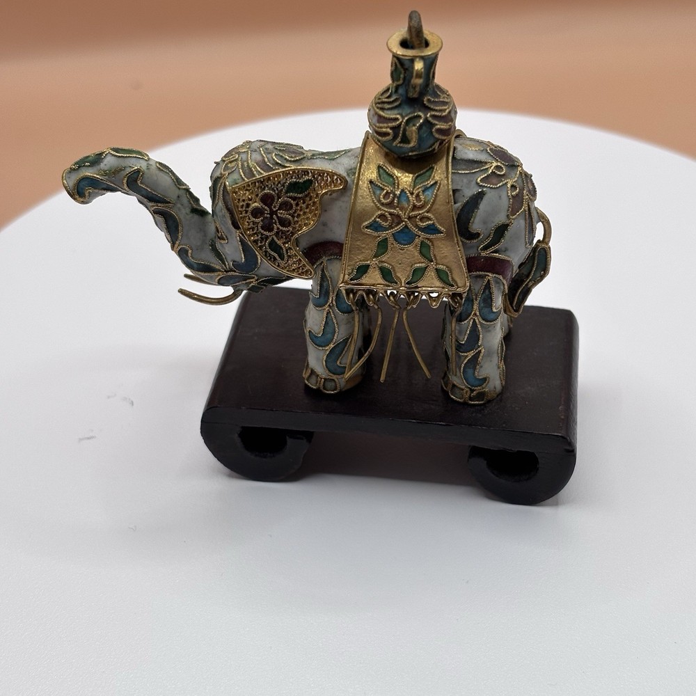 Chinese Cloisonne Enamel Elephant Figurine White Floral Brass Filigree Vintage