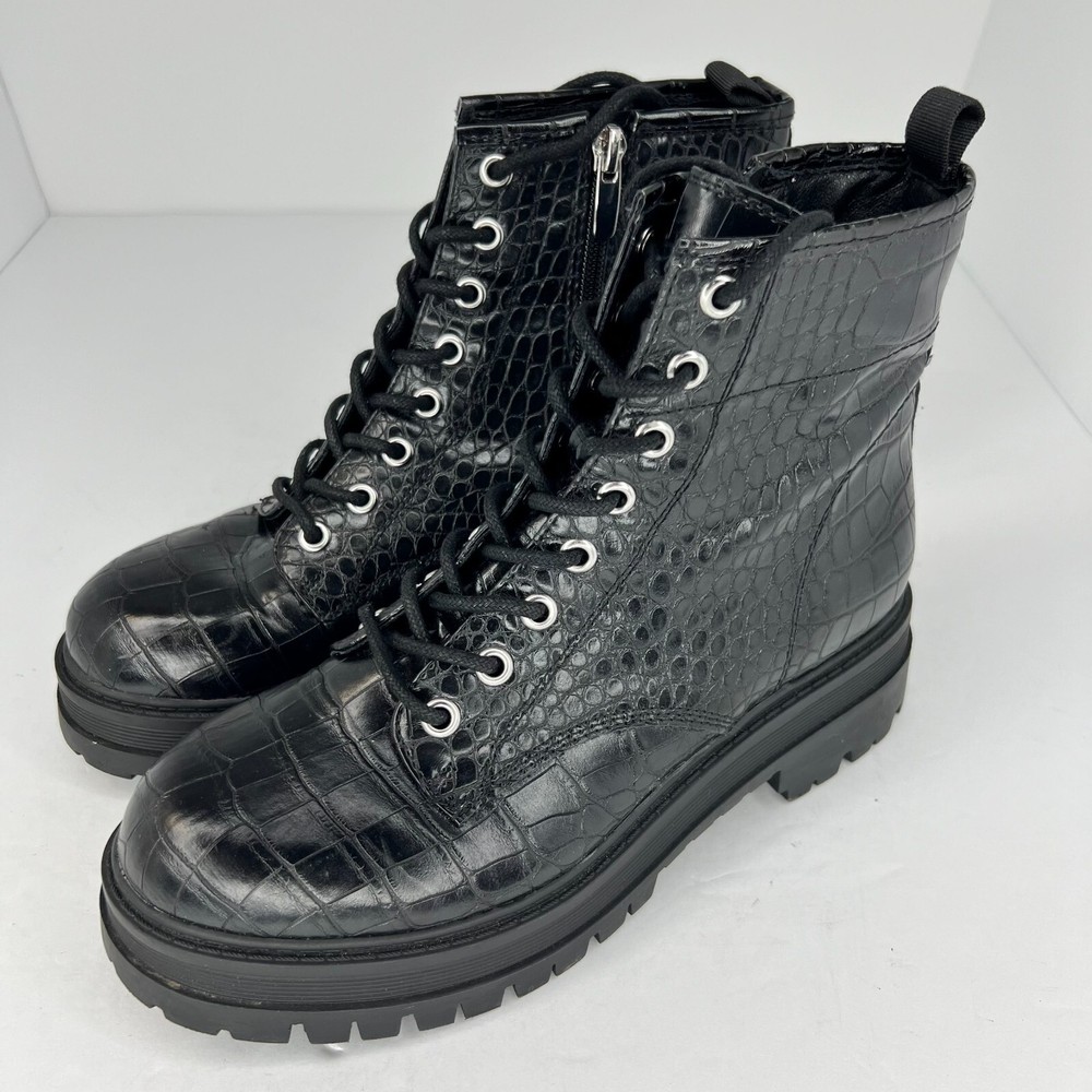 Nine Womens Black Croc Lace-Up Zip Combat Boots Size 6.5M