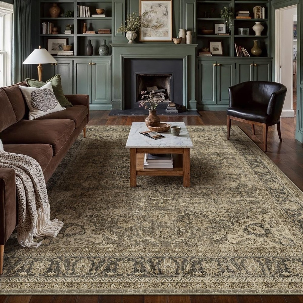 9x12 Washable Area Rug Brown Vintage Non Slip Soft Low Pile Rug for Living Ro...