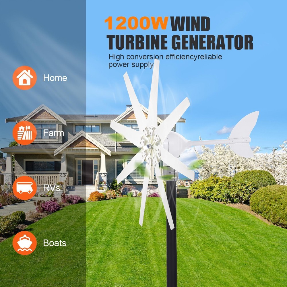 1200W Power Wind Turbine Generator 8 Blades MPPT Controller Windmill 12V/24V--