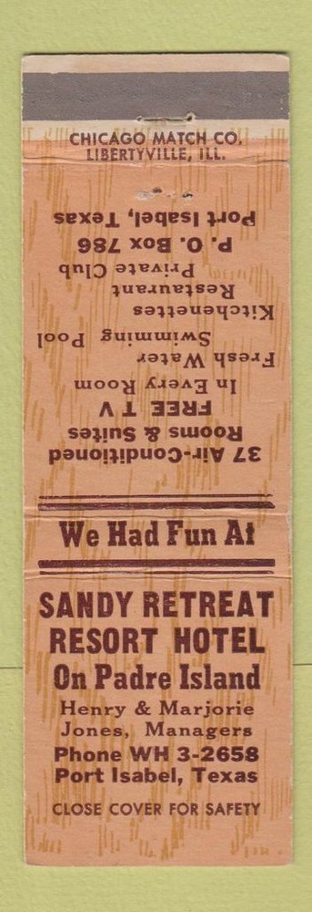 Matchbook Cover - Sandy Retreat Resort Hotel Port Isabel TX