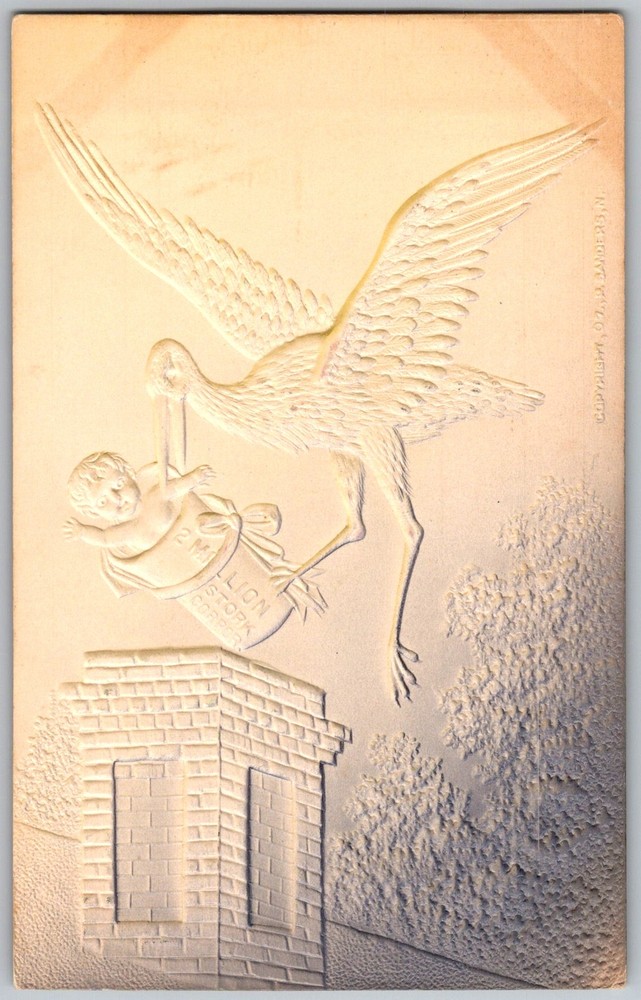 Antique Postcard Embossed Stork Delivering Baby 1910s