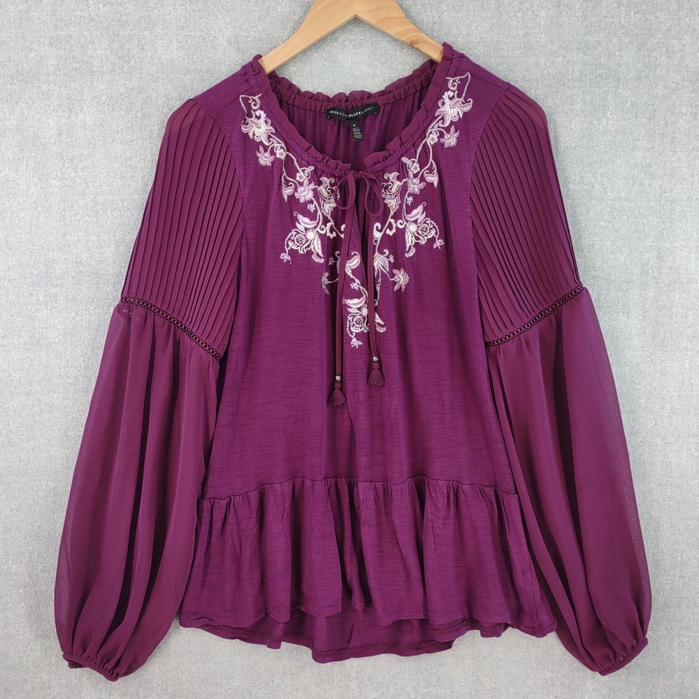 WHBM Top Women Small Purple Bohemian Embroidered Tasseled Peasant V-neck Pleated