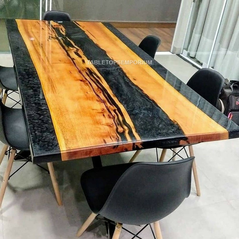 Custom Black Resin and Acacia Wood Modern Dining Sofa Table