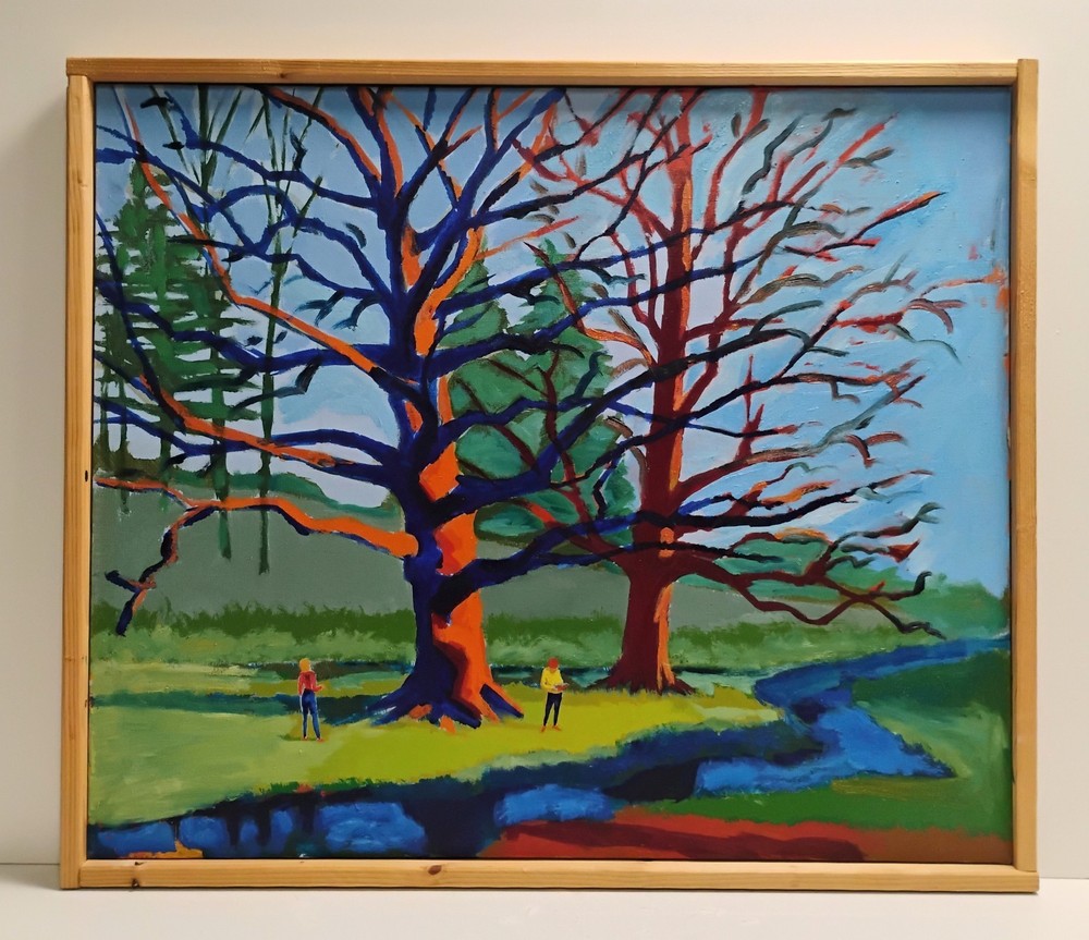 Edwin Brent Oil On Canvas Colorful Modernist Landscape w/Figures Painting 29x34