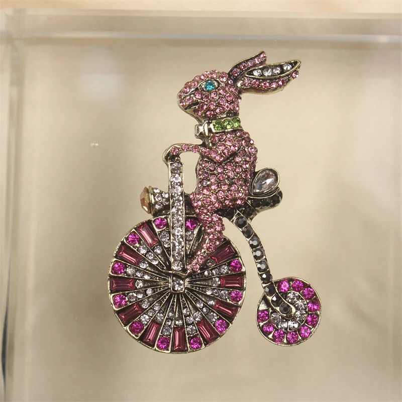Colorful Bunny Bike Pink Sweet Vintage Brooch Luxury Rhinestone Animal Pins