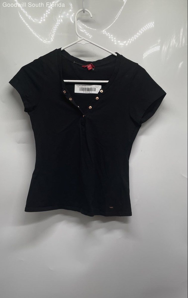 Guess Womens Black Short Sleeve Henley Neck Stretch Blouse Top Size M