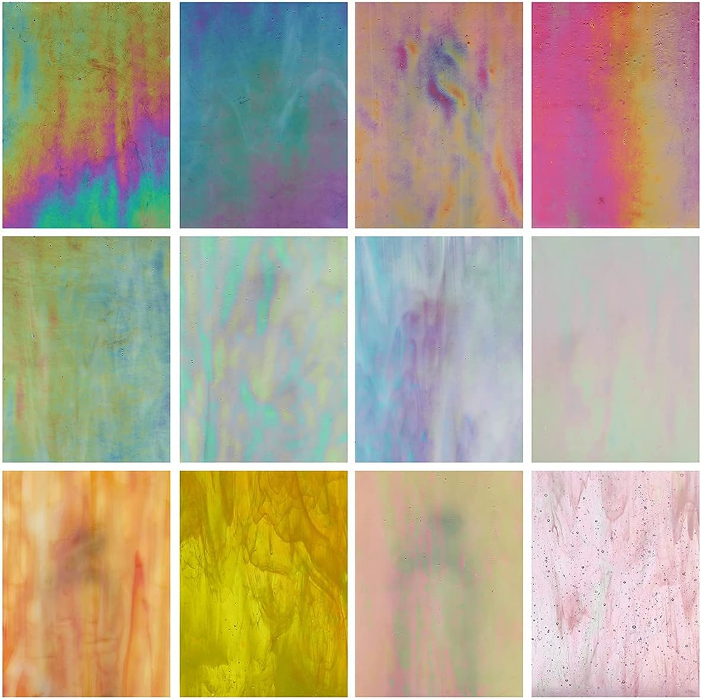 12 Sheets Iridescent Stained Glass Sheets for Mosaic Craft, 4X6 Inch Bright Rain