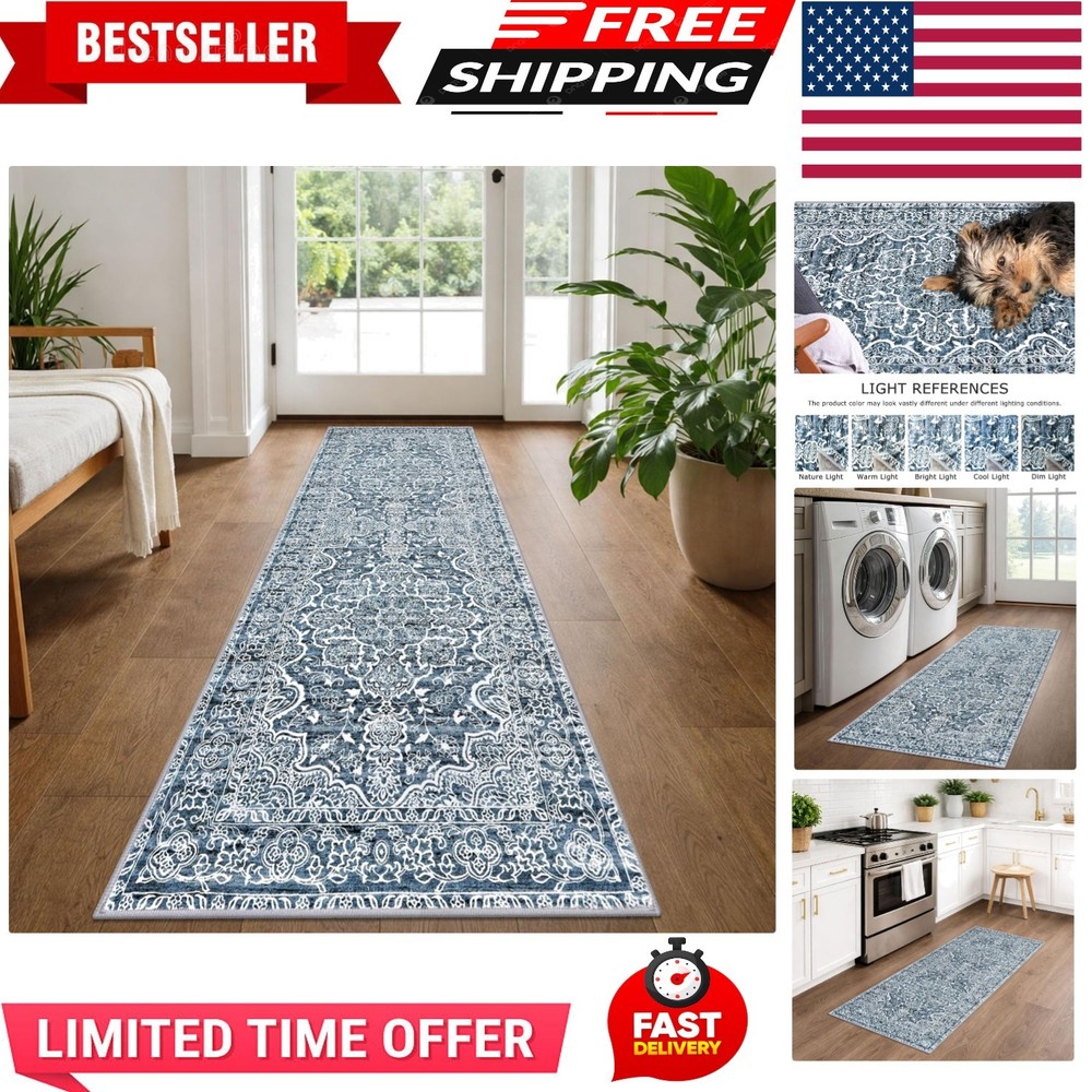 Luxuriously Soft 2x5 ft Blue Floral Runner Rug - Vintage Design for Hallway