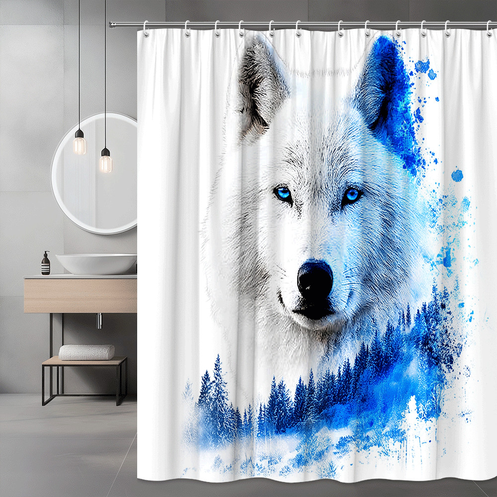 Wolf Shower Curtain Blue White Forest Graphic
