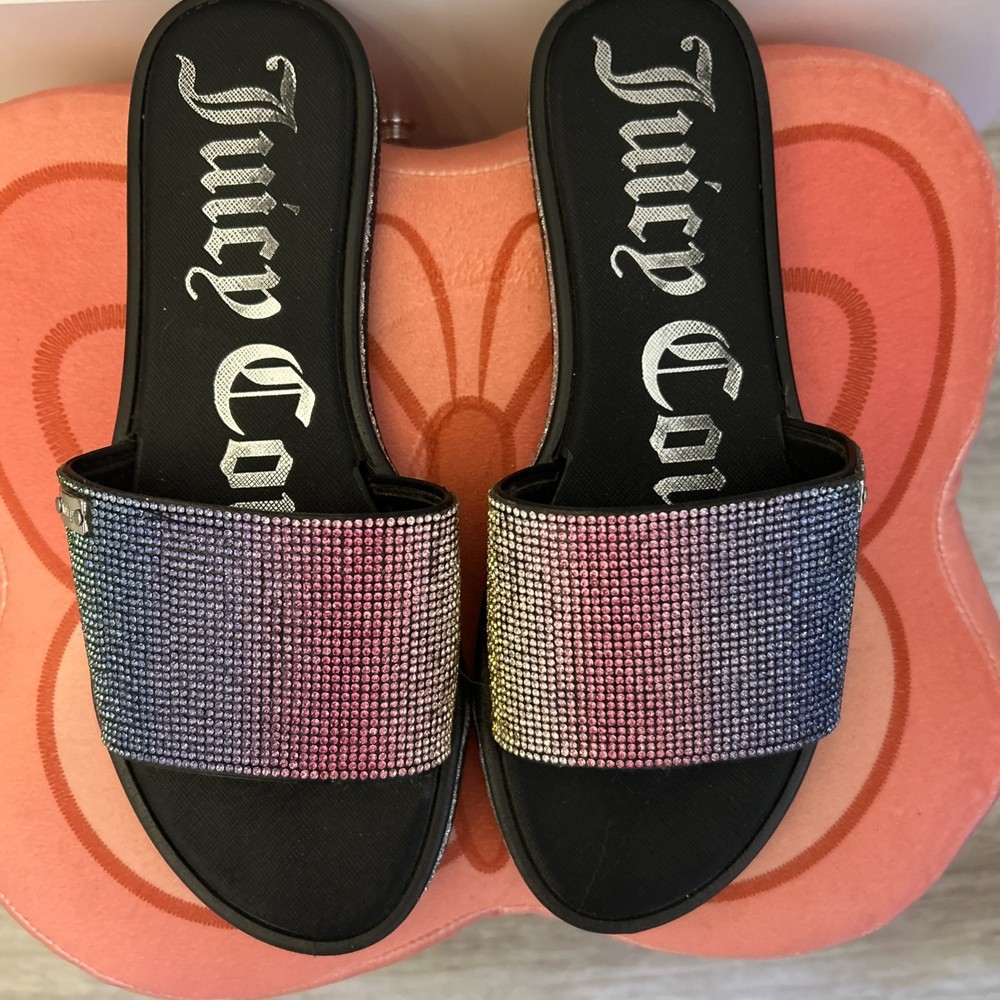 Juicy Couture Womens Black Rainbow Multi Slide Sandals Size 8.5