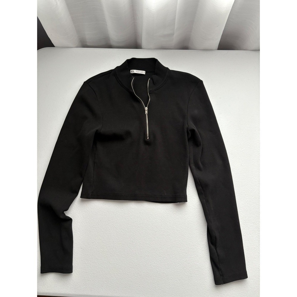 Zara Black Ribbed Knit Half Zip Long Sleeve Crop Top Women's
