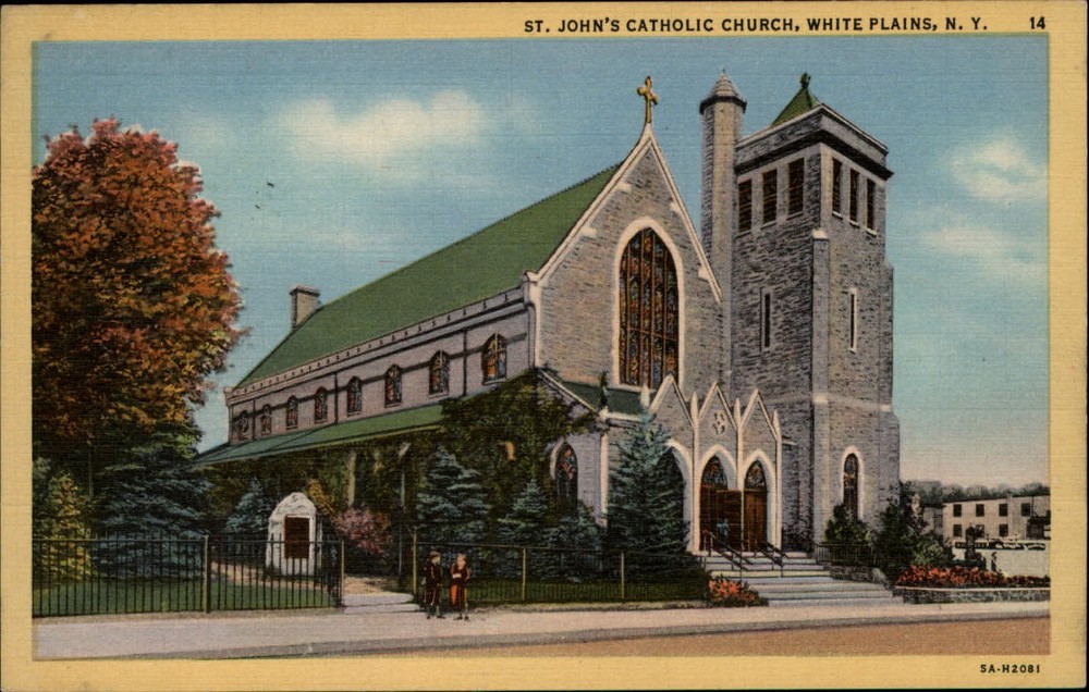 St John's Catholic Church White Plains New York cross ~ 1930s linen postcard