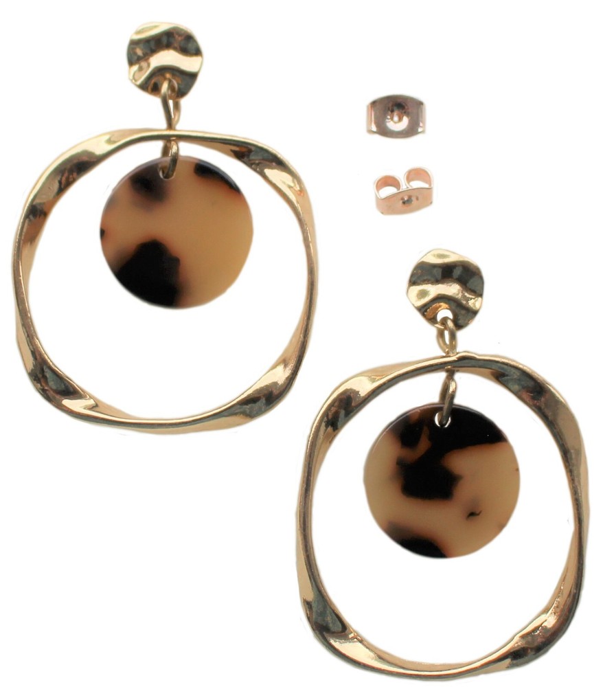 Brown Marbled Round Drop Earrings with Gold Hammered Stud and Twisted Frame