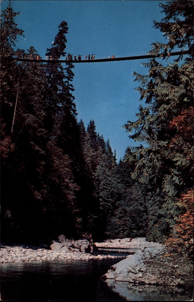 Capilano Canyon Suspension Bridge North Vancouver BC vintage postcard k475