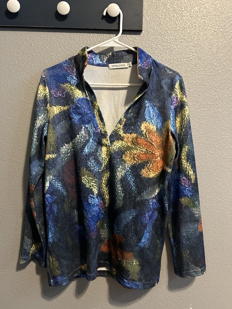 Misslook Shirt Top Size Smal Long Sleeves Colorful Floral Design! MEASURMENTS!