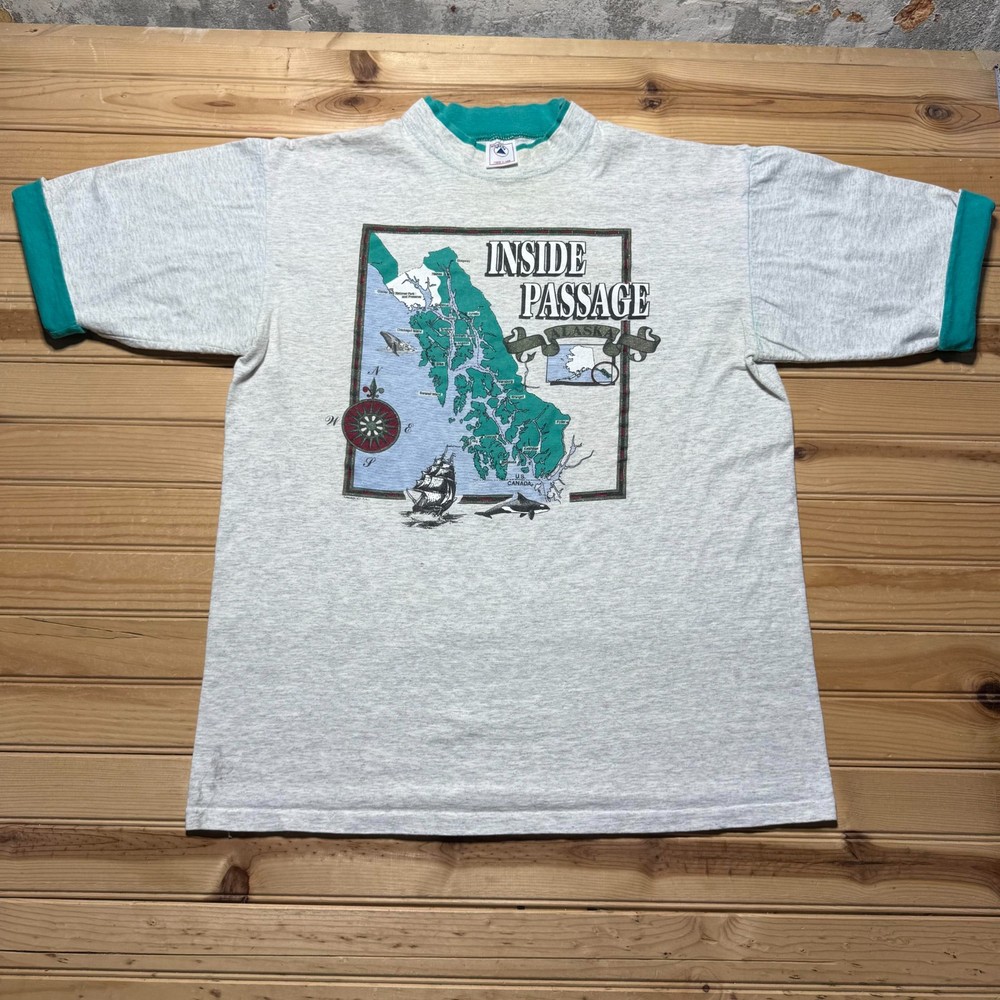 Vintage 90s Alaska Map Inside Passage Graphic Heather Ringer T-Shirt USA - XL