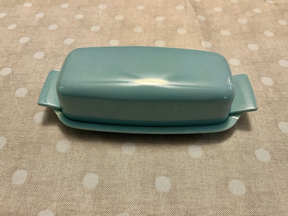Blue Ceramic Rectangular Covered Butter Dish w/ Lid, Glossy Solid Mid-Century