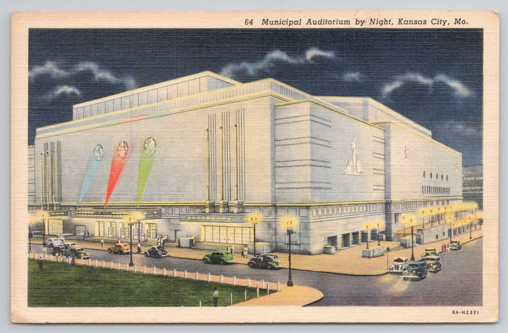 Kansas City MO Municipal Auditorium Night Linen Postcard Vintage 1930s