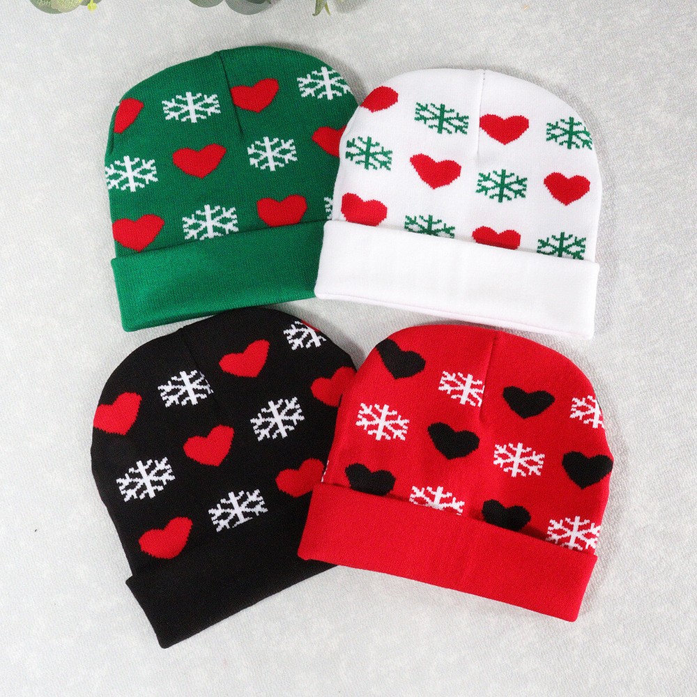 Winter Snowflake Knit Beanie with Hearts Y2K Christmas Skull Cap