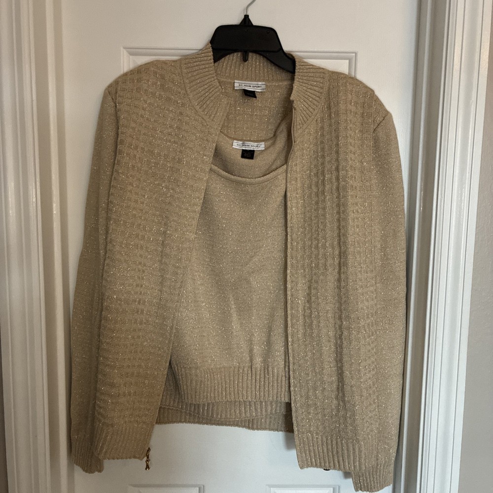 St John Sport Gold Metallic Knit Set Zip Cardigan Waffle Weave & Tank XL NWOT