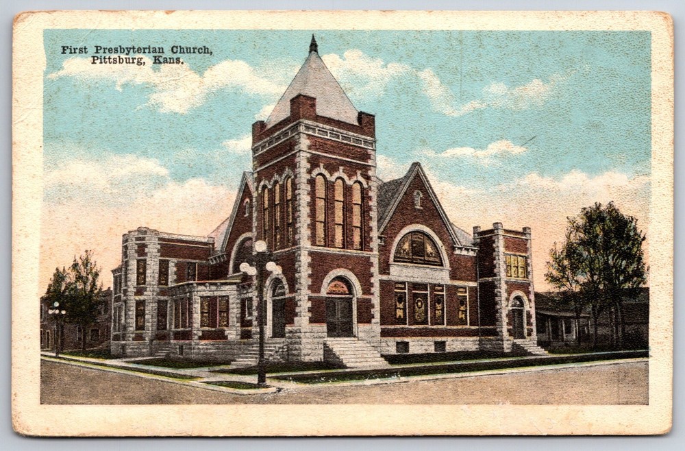 Pittsburg Kansas~First Presbyterian Church Street View~EC Kropp Vintage Postcard