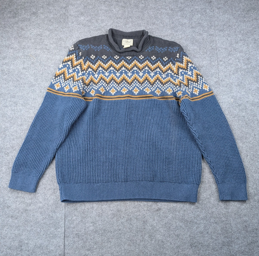 LL Bean Roll Neck Sweater Mens XL Fair Isle Fisherman Nordic Waffle Organic 90s