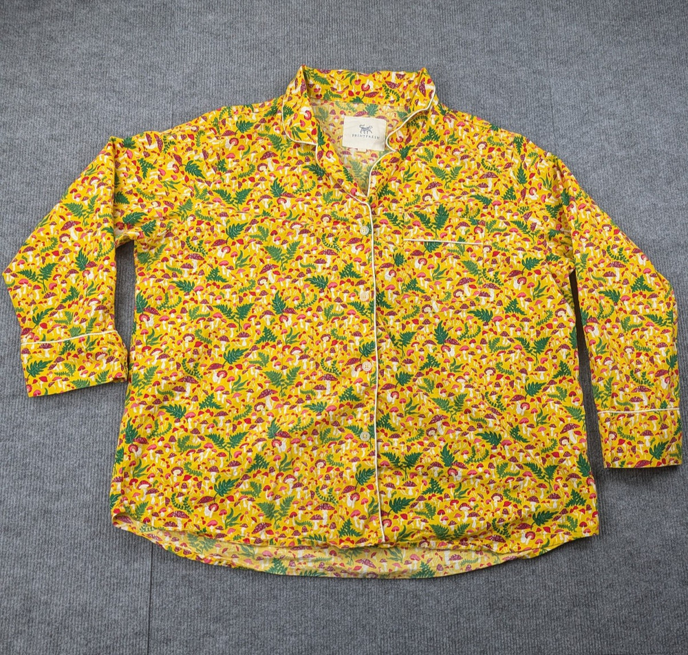 Print Fresh Pajama Top Womens 2X Yellow Mushroom Toadstool Cotton Garden Whimsi