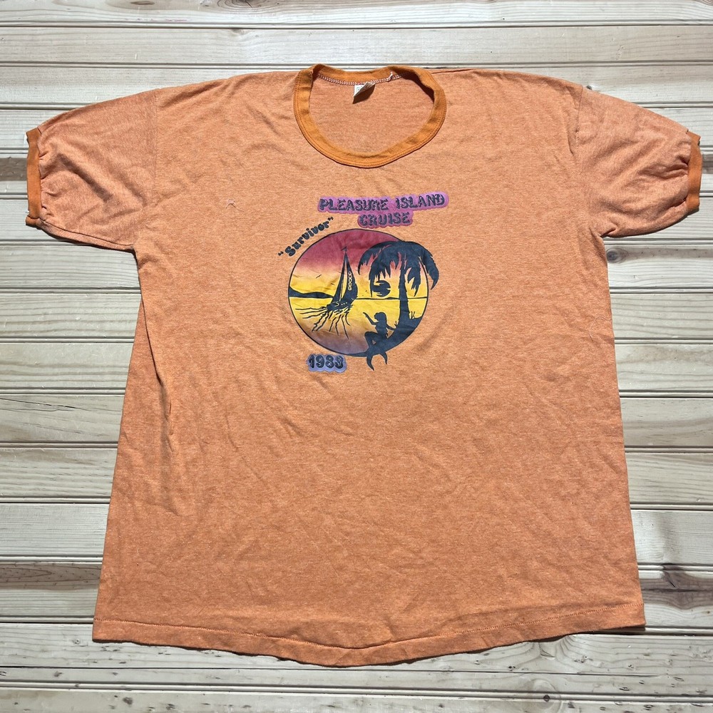 Vintage 80s Pleasure Island Cruise Survivor Ringer Tee Single Stitch XL